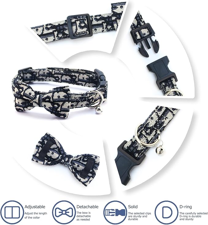 Bowtie Collars for Medium Dogs, Elegant Collars with Leash Set, Dog Collars with Bowtie Adjustable 13.8"-17.7", Black, M