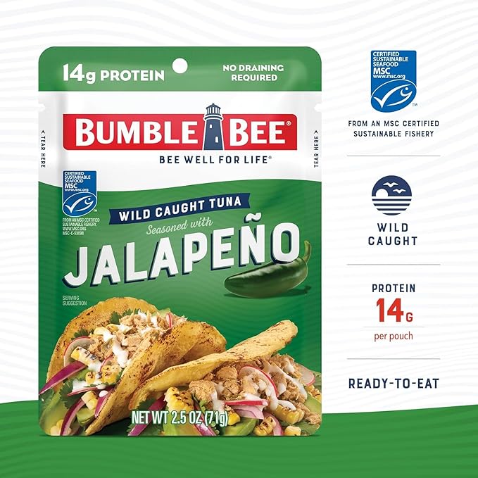 Bumble Bee Seasoned Tuna Pouch Favorite Flavors Bundle (4 Total Pouches) - Lemon & Pepper Tuna, Applewood Smoke Tuna, Spicy Thai Chili Tuna, and Jalapeno Tuna - Ready to Eat 2.5 oz Packets