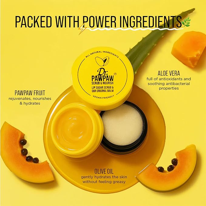 Dr. PawPaw Lip Scrub and Lip Balm Duo - Vegan Lip Scrub Exfoliator and Hydrating Lip Balm with Pawpaw, Aloe, Olive and Castor Oils - 0.55 oz