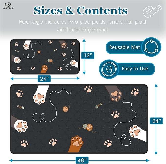 Washable Guinea Pig Bedding for 2 Story Guinea Pig Cages, Fast Absorption Reusable Guinea Pig Cage Liner, No Shrunk, Anti-Slip Bottom, Leak-Proof Pee Pad Mat, 12” x 24” & 24” x 48” (Black)
