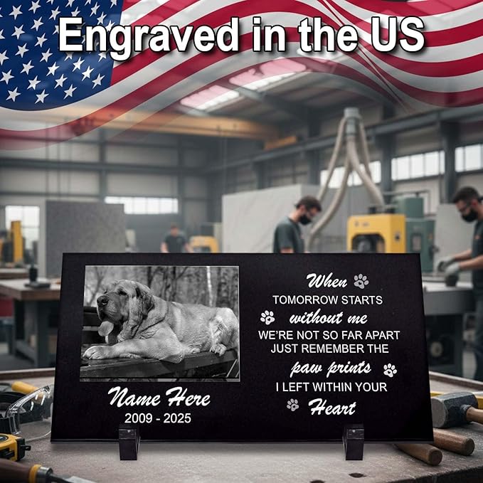 Personalized Dog Headstone Engraved in The US, Dog Tombstone for Indoor and Outdoor, Customized Pet Memorial Stone with Photo, Name and Date for Beloved Pet, Black Granite