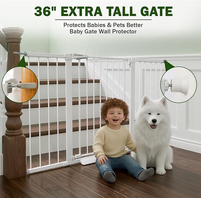 Mumeasy 36" Extra Tall Baby Gate for Doorways, 29.7"-57" Extra Wide Dog Gate for Stairs, Pressure Mounted Auto Close Pet Safety Gate with Easy Walk Thru Door, Large Indoor Child Gate for House, White