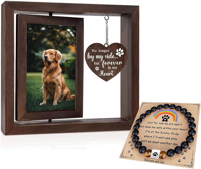 Dog Memorial Gifts for Loss of Dog Sets, 4x6”Rotating Wooden Photo Frame and 8MM Rainbow Bridge Bracelet for Beloved Cats and Dogs Pet Memorial Gifts for Dog Cat Dog Bereavement Gifts (Black)