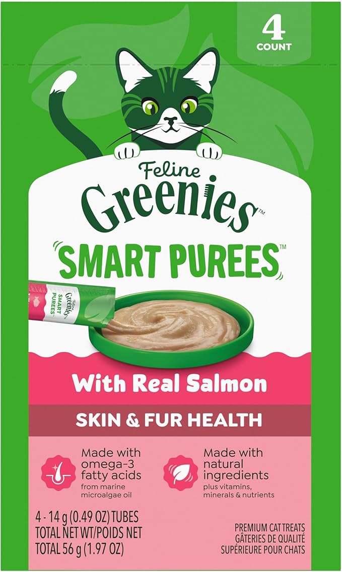 Greenies Feline Smart Purees Skin & Fur Health Lickable Cat Treats with Real Salmon, 0.49 oz. Tubes, 4 Count (Pack of 11)