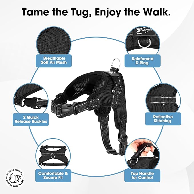 No Pull Reflective Adjustable Dog Harness With Handle- Comfortable Soft All Weather Mesh, Easy On Puppy Harness For Small Medium and Large Dogs (Black) Large