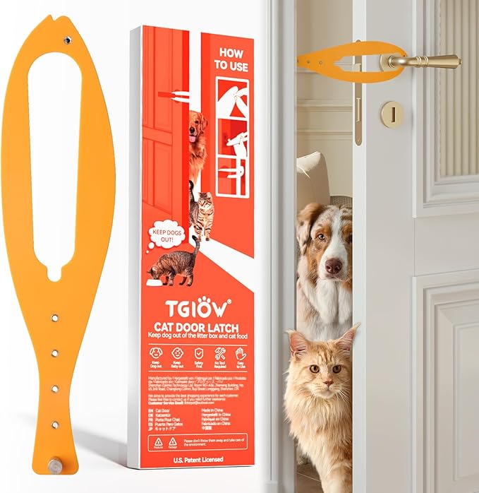 Cat Door Latch, 1 Pcs Cat Door Stopper Pet Door Latch to Keep Dog Out of Litter Box and Food, Door Prop for Cat with 5 Adjustable Size Strap 2.5-6" Wide, No Measuring, Easy to Install, Yellow