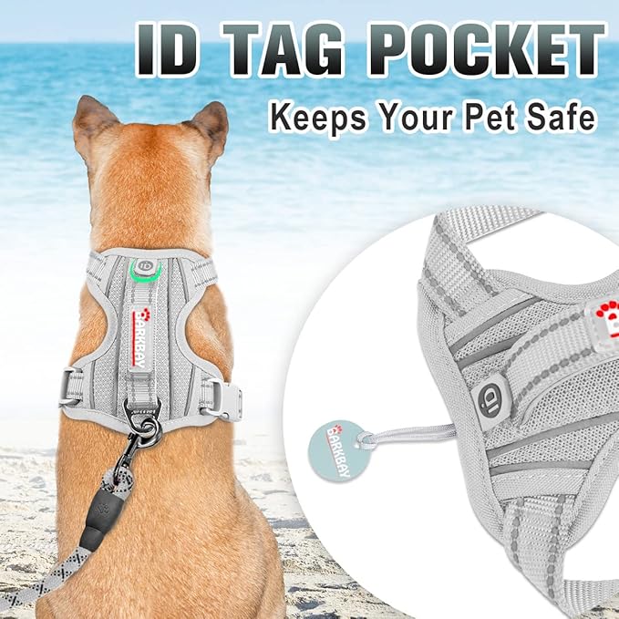BARKBAY No Pull Dog Harness Large Reflective Dog Harness with Front Clip and Easy Control Handle for Walking Training Running with ID tag Pocket(Grey,S)