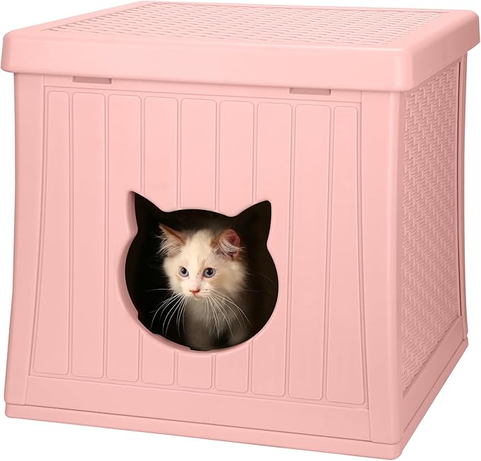 EHHLY Heavy Duty Cat House Waterproof, Hidden Cat Litter Box Enclosure with Flip Lid for Easy Cleaning, Extra Thick Insulated Cat House Outdoor, Winter Feral Cat Shelter Weatherproof, Blush