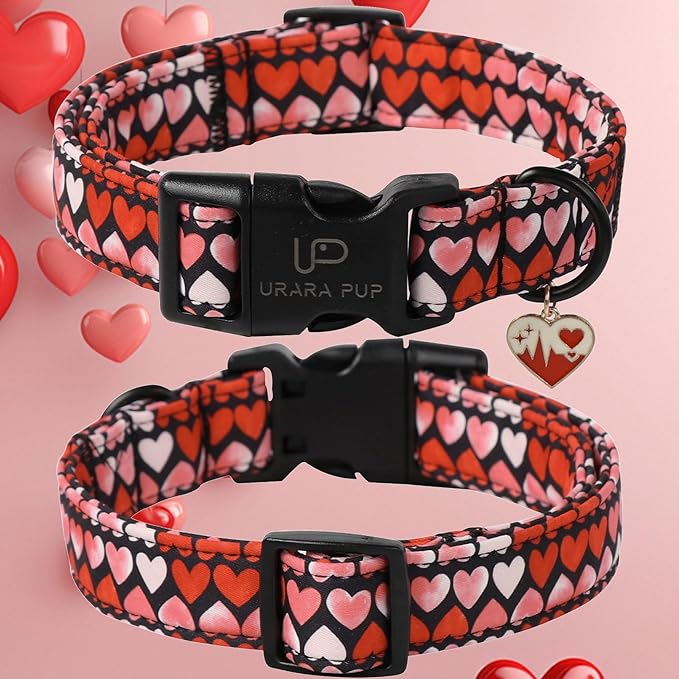 Pink Heart Dog Collar, Medium, Cotton, Valentine's Gift, Small & Medium Dogs
