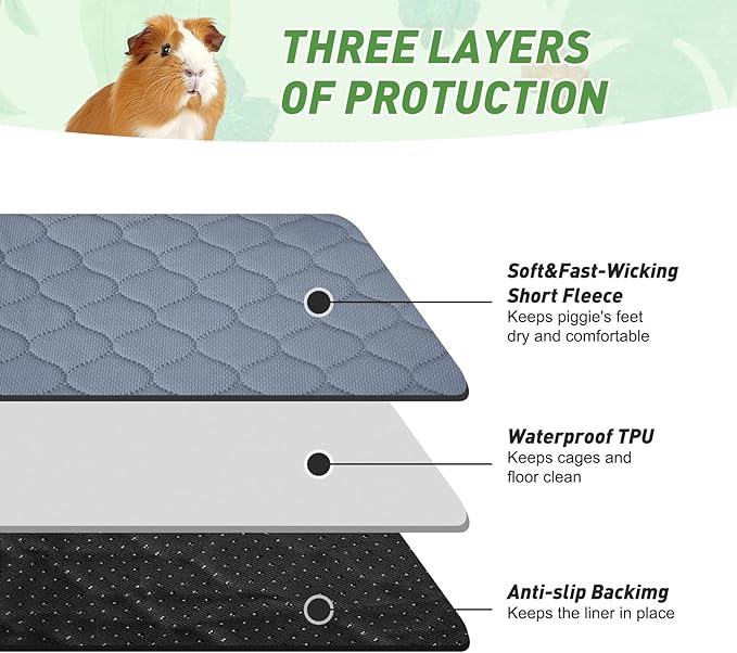 Guinea Pig Cage Liners, 36''X48'' Washable Guinea Pig Pee Pads, Non Slip Reusable Super Absorbent Guinea Pig Training Mat Bedding Fleece for Small Animals Hamster Rabbit Chinchilla Rat, 2Pack