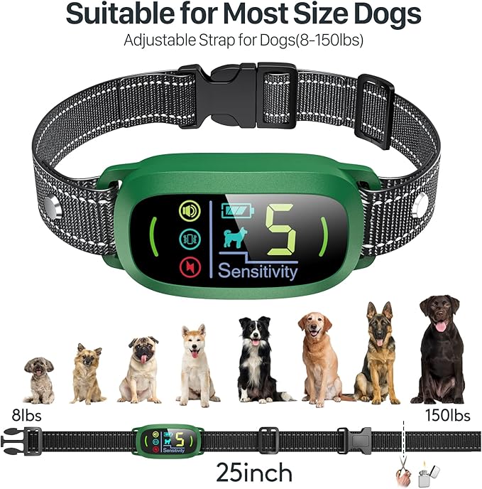 Bark Collar, Rechargeable Dog Bark Collar with 5 Adjustable Sensitivity and Intensity Beep Vibration, Anti Barking Collar for Small Medium Large Breed Dogs (Green)