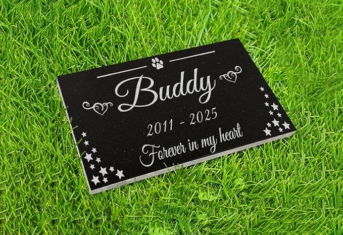 A Personalized Memorial Stone Made of Black Granite That Will Remind You of Your Beloved Pets. Paw and Stars