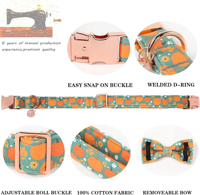 DOGWONG Fall Pumpkin Dog Collar with Bowtie- Cute Fall Holiday Dog Collars Adjustable Halloween Bowtie Dog Collar for Small Medium Large Dogs XS