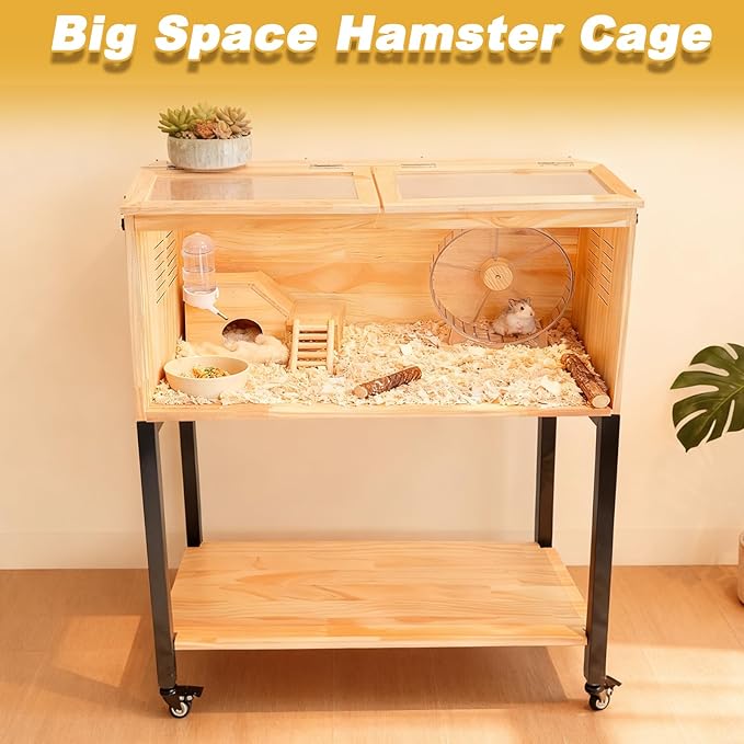 Wooden Hamster Cage with Storage Shelf, Hamster Cage, Pine, Guinea Pig Cages, 31.5' L× 15.7' W × 38 ' H, Large Animal Cages with Storage Shelf for Guinea Pig,Chinchilla,Rat, Bunny,etc.