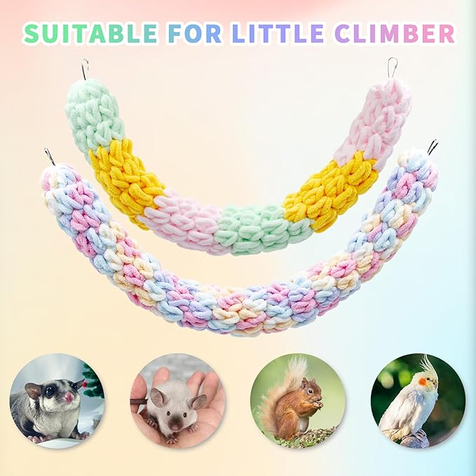Sugar Glider Cage Accessories, 2 Pack Multicolor Cotton Rope Climbing Toys with Metal Hook, Enrichment Exercise Toys Sugar Glider, Rat, Squirrel, Bird, Other Little Climber
