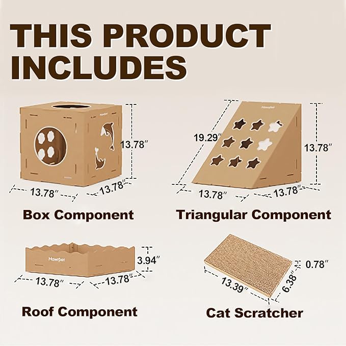 DIY Cat Scratcher Cardboard House, Scratching Cat Play House, a Versatile Box, Indoor Kitty Scratcher Hideout for One or More Cats Brown, Cat Tower Castle Tunnel 10 Parts