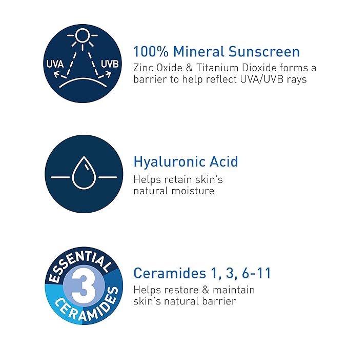 CeraVe 100% Mineral Sunscreen SPF 30 with Zinc Oxide & Titanium Dioxide,Hyaluronic Acid & Ceramides,Oil Free,Non-Greasy,Hydrating Mineral Sunscreen For Body,5 oz,(Pack of 2)