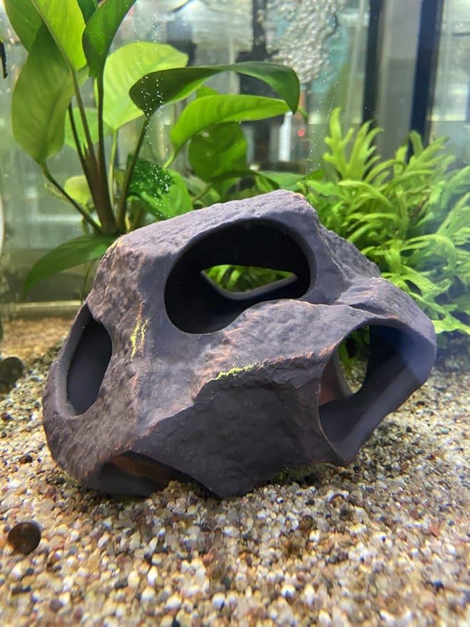 Plecoceramics Aquarium Ceramic Decorations Cave Betta Stone Decor - Aquarium Fish Tank Hideway Decor for breeding Cichlids Plecos Betta Toys Hideout (Boulder)