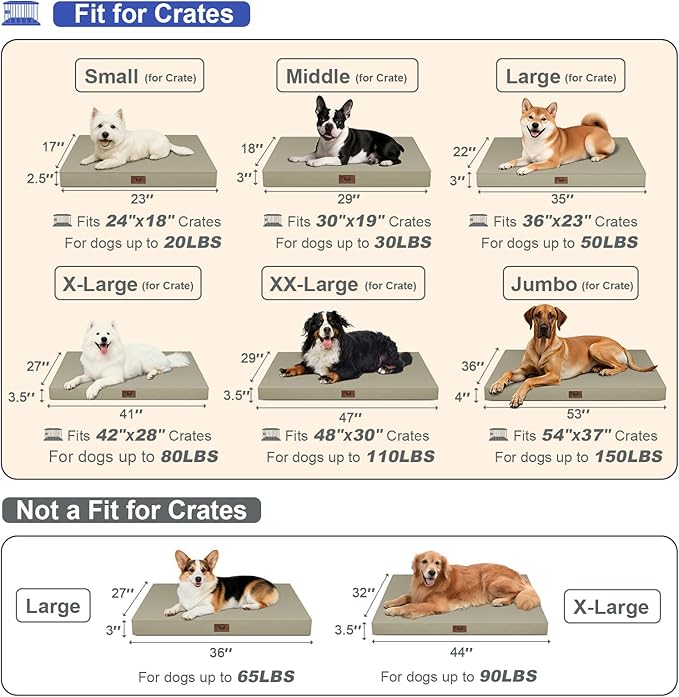 Outdoor Extra Large Dog Crate Bed, XXL Waterproof Dog Bed for Giant Breeds Dogs, 47x29 Inch Orthopedic Egg Crate Foam Pet Mat with Removable Cooling Cover, Khaki