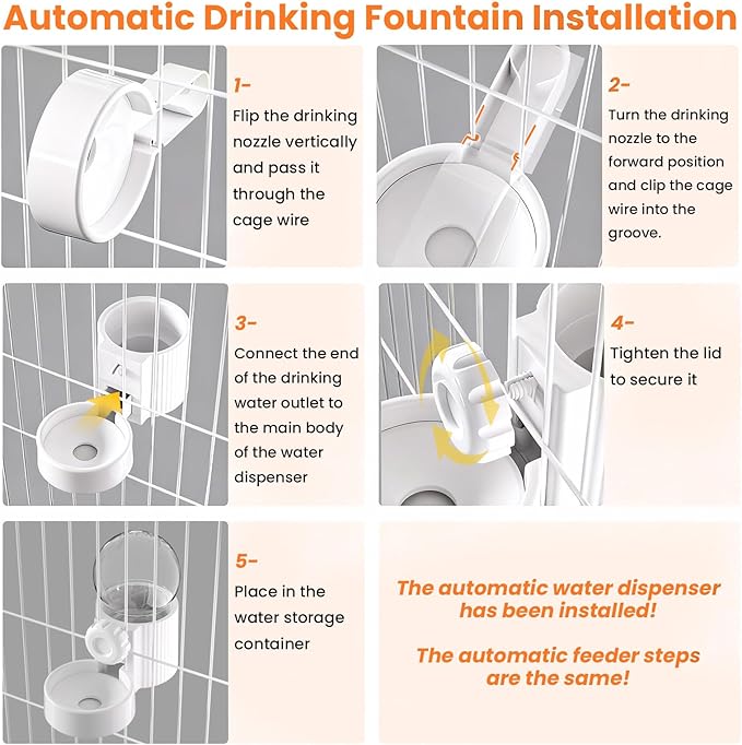 38oz Hanging Automatic Food Water Dispenser, Large Capacity Gravity Rabbit Water Dispenser and Feeder Set, for Bunny Guinea Pig Chinchilla Ferret Cage Accessories (White)