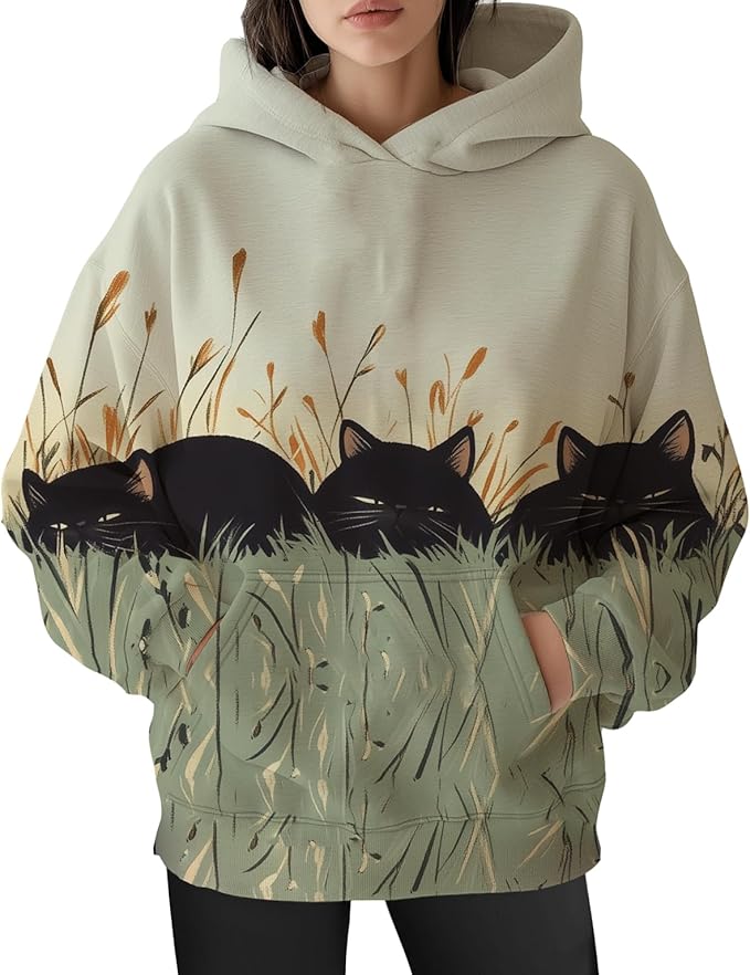 Womens Funny Cat Hoodies Oversized Graphic Hooded Sweatshirt for Women Fall Plus Size Pullover Hoodie Y2K