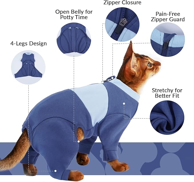 QBLEEV Cat Clothes, Soft Cat Sweaters for Cats Only, Kitten Surgery Recovery Suit Onesie Pajamas, Four Legs Cats Shirts Apparel Clothing for Hair Loss Prevention, Blue, 2XL