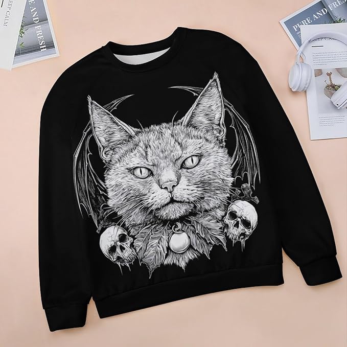 Halloween Sweatshirts for Women Black Cat Print Pullover Crewneck Oversized 2024 Fall Fashion Casual Warm Shirt