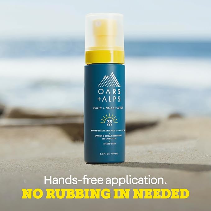 Oars + Alps Face & Scalp Sunscreen Spray Mist, SPF 35 Facial & Hair Sunscreen, Protects from Blue Light, Infused with Aloe Vera + Cucumber, Water & Sweat Resistant, Summer Splash Scent, 2pk