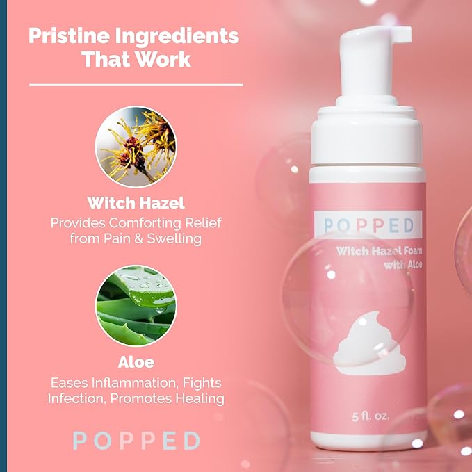 Popped New Mom Care Bundle & Baby Shower Gift Set - Peri Bottle, Witch Hazel Foam, Organic Nipple Balm, Hot/Cold Packs (2 Count) | Postpartum Essentials Bundle