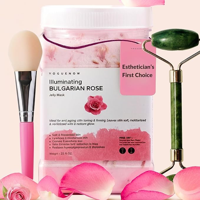 Jelly Face Mask for Facials - Bulgarian Rose Hydrating & Brightening Jelly Mask with Free Jade Roller & Spatula | Professional Hydrojelly Masks | Vajacial | 23 Oz | International Womens Day Gifts