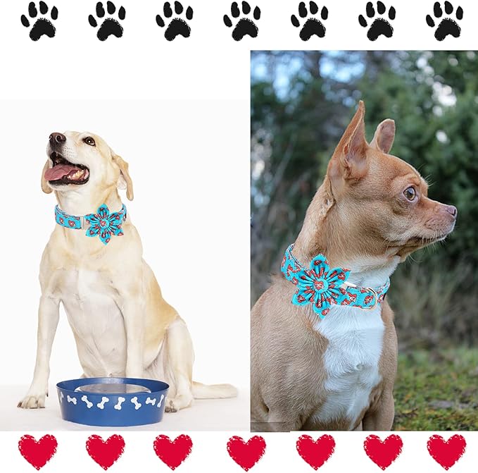 Unique style paws Valentine's Day Dog Collar with Flower Tie Blue Heart Puppy Collar Best Gift for Small Medium Large Boys Girls-XS