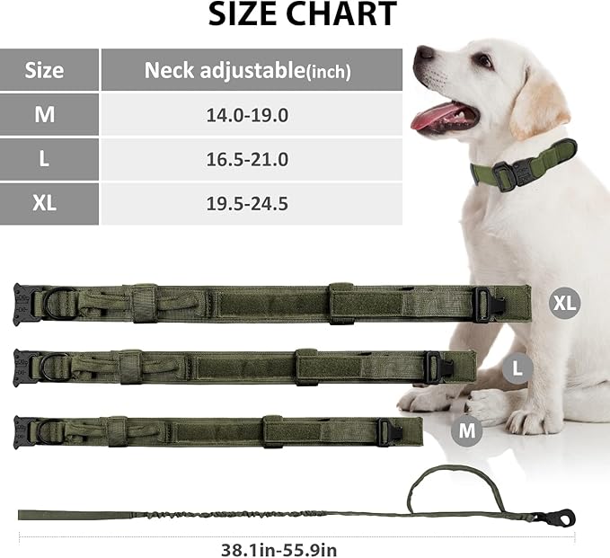 Tactical Dog Collar and Leash Set Heavy Duty Military Dog Collar with Handle and Metal Buckle for Medium and Large Dogs (Army Green, XL)
