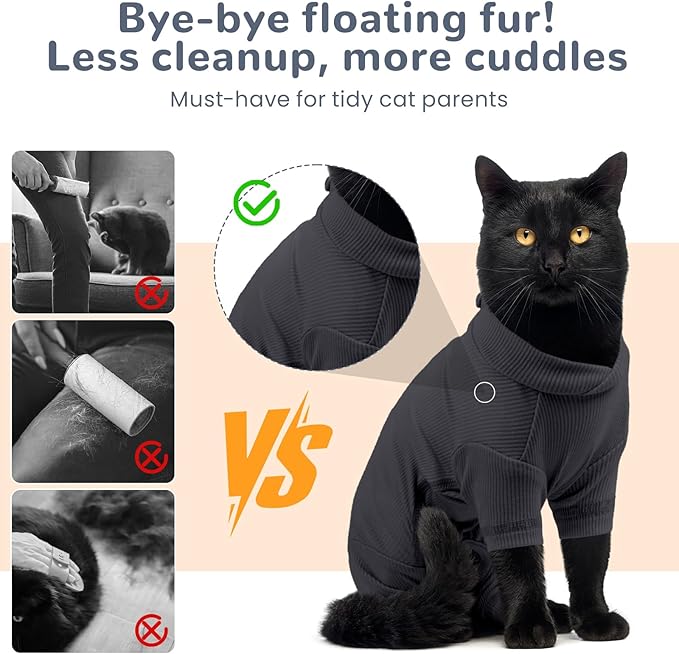 Sticky Hair Cat Clothes, Breathable & Lightweight, Reduces Shedding Fur Pajamas, Full Body Long Sleeve Surgical Bodysuit, Stop Licking & Shedding Darkgrey S
