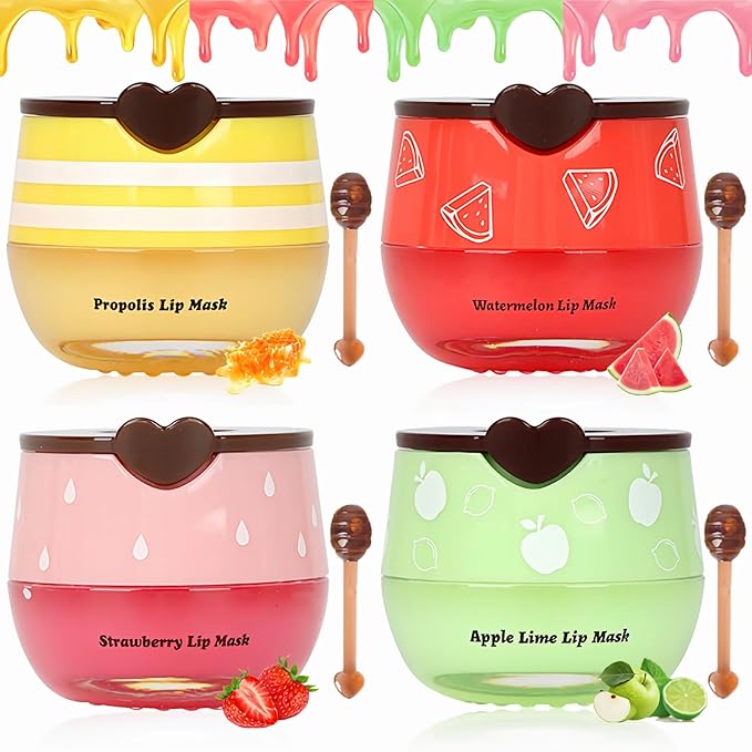 4 PCS Bee Lip Balm Lip Mask Honey Pot, Prevention Lip Dry Set, Strawberry & Watermelon & Apple Lime & Honey Lip Sleeping Mask Propolis Moisturizing Lip Balm, Mothers Day Gifts, Party Favors for Women