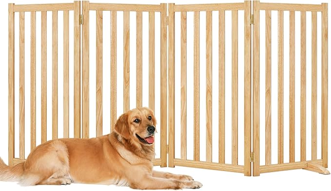 Wire Dog Gate Solid Wood Frame, 36" Height, Anti-Chewing Pet Gate Indoor Freestanding Indoor Foldable Dog Fences for Stairs, House, Doorway Extra Wide, 4-Panel, 60" Wide, Natural