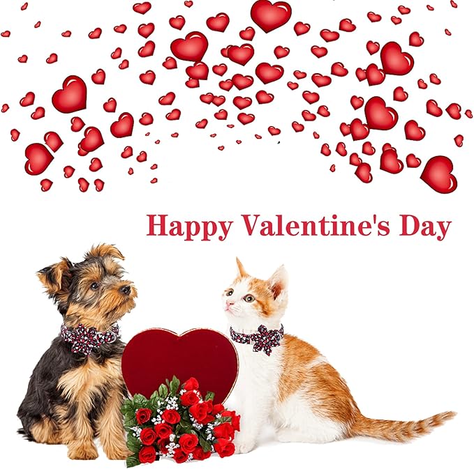 Unique style paws Valentine's Day Dog Collar with Flower Tie Black & Red Heart Puppy Collar Best Gothic Style Gift for Small Medium Large Boys Girls-L