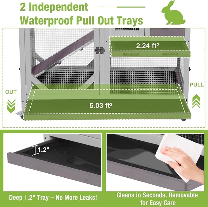 GUTINNEEN 2-Story Rabbit Hutch Indoor Bunny Cage Outdoor Guinea Pig House Wooden Small Animal Cage with Chew-Proof Ramp, Leak-Proof Tray, Lockable Wheels for 2-4 Rabbits, Guinea Pigs (Grey)