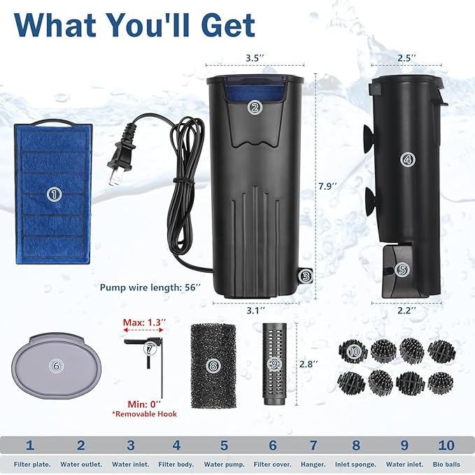 Turtle Tank Filter Aquarium Internal Filter for 3 to 20 Gallon Fish Tank, Bio-filtration Low Water Level Small Power Canister Filter, Frog Shrimp Newt Betta Water Clean, Hang On Back Waterfall Quiet