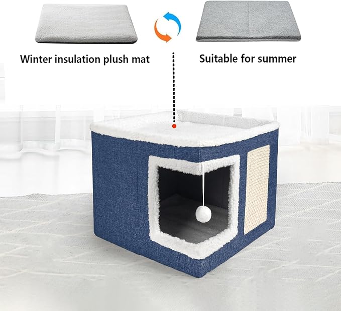 Cat Houses for Indoor Cats, Large Cat Beds Cave with Hideaway Condos, Scratch Pads, Fluffy Balls, Foldable Indoor Cat Cube House for Multi Small Pets Kitten (Dark Blue, Right-Angle)