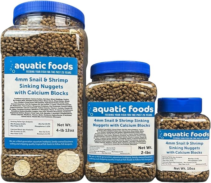 Aquatic Foods Inc. Snail & Shrimp, 4mm-3/16 Sinking 40% Protein Nuggets with Calcium Feeders for Snails, Shrimp, Crabs, All Bottom Tropical Fish...4-lbs 12oz Jar