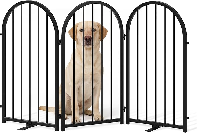 Full Metal Dog Gate for Indoor Outdoor, 32" Tall Free Standing Pet Dog Fence, 54" Wide Arched Pet Gates for Stairs, Hallways, Doorways, Kitchen, Decks, Yards (Black, 3 Panels)