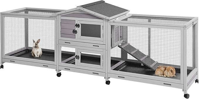 Wooden Rabbit Hutch with Wheels Indoor or Outdoor, Large Rabbit Cage with Leak Proof Tray and Waterproof Roof, Bunny Cage with Chew Proof Ramp, Suitable for Guinea Pig, Hamsters and Small Animals