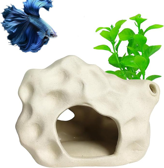 Aquarium Decor Rock Cave for Fish Shrimp Turtle Crab, Betta Fish Tank Decorations Ceramic Hiding Stone, Fish Bowl Landscape Rock
