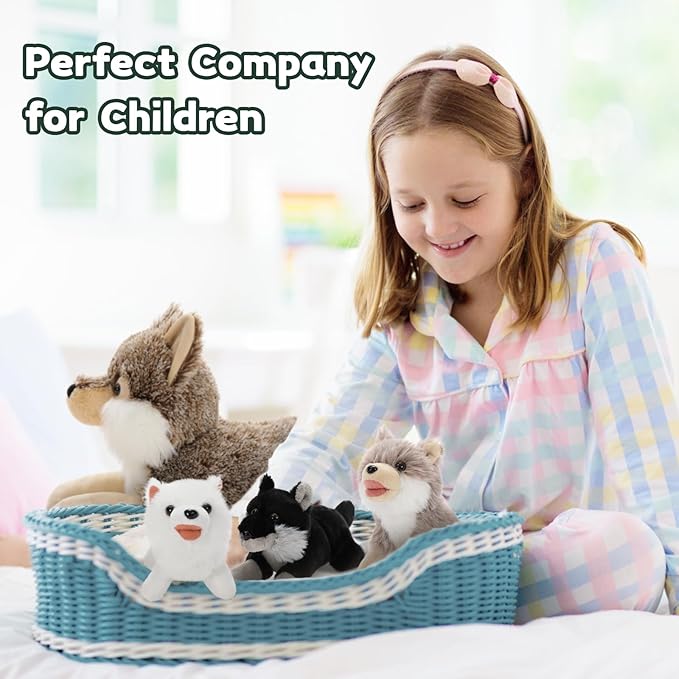 4Pcs Wolf Stuffed Animals Set, Grey Mommy Wolf Plush 20 Inch with 3 Baby Wolves, Realistic Wolf Toys for Wolf Lover Party Favors, Gifts for Boys Girls Birthday