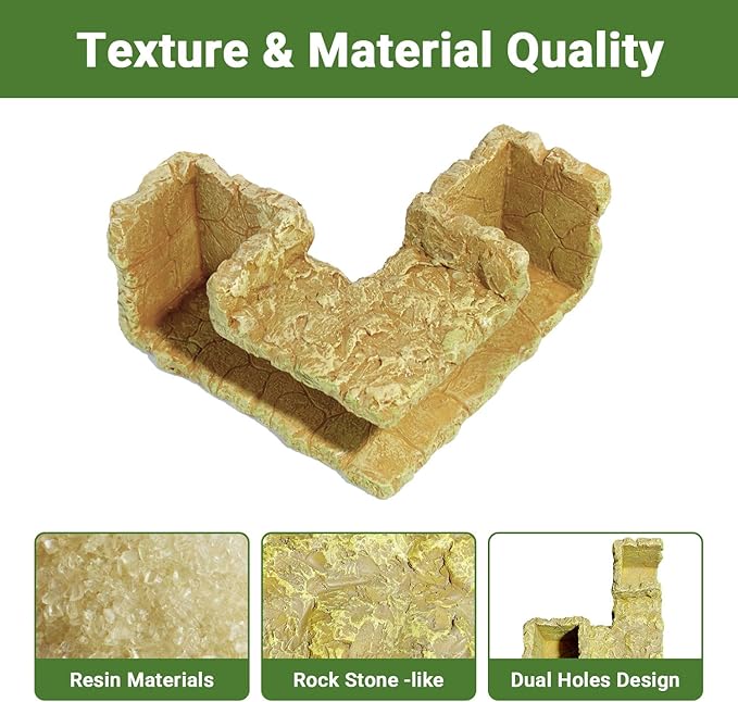 Underground Resin Rock Dual Hole Hideout - View Fish in Natural Corner Tunnel | 5.3×5.3×2.8" | Ideal for Shrimp, Betta, Plecos