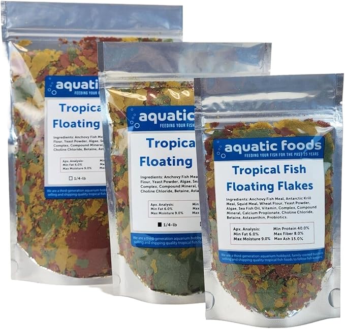 Aquatic Foods Inc. Tropical Fish Flakes, Mix of Krill, Color Enhancing, Spirulina Flakes for Cichlids, Angels, Tetras, Guppies. 12-Type Pellet Mix & 4-Type Wafers Included...WL 1/2-lb Foil Bag