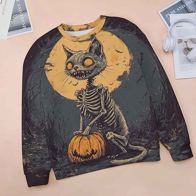 Halloween Sweatshirts for Women Black Cat Print Pullover Crewneck Oversized 2024 Fall Fashion Casual Warm Shirt