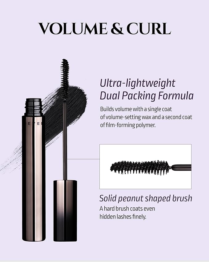 HEVVYMAKEUP Define Eyes Mascara Black Volume & Curl - Volumizing, Curling, Defining - Bold & Lifted Lashes - Feathery Soft, No Smudging, No Clumping - Korean Eye Makeup, 0.30 fl.oz.
