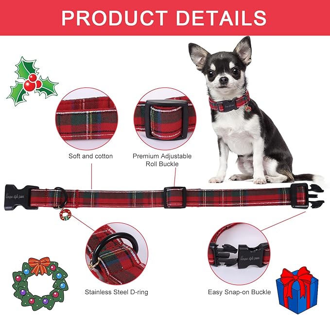 Unique Style Paws Christmas Dog Collar Plastic Buckle with Pendant Red Plaid Cotton Puppy Collars for Small Medium Large Dogs