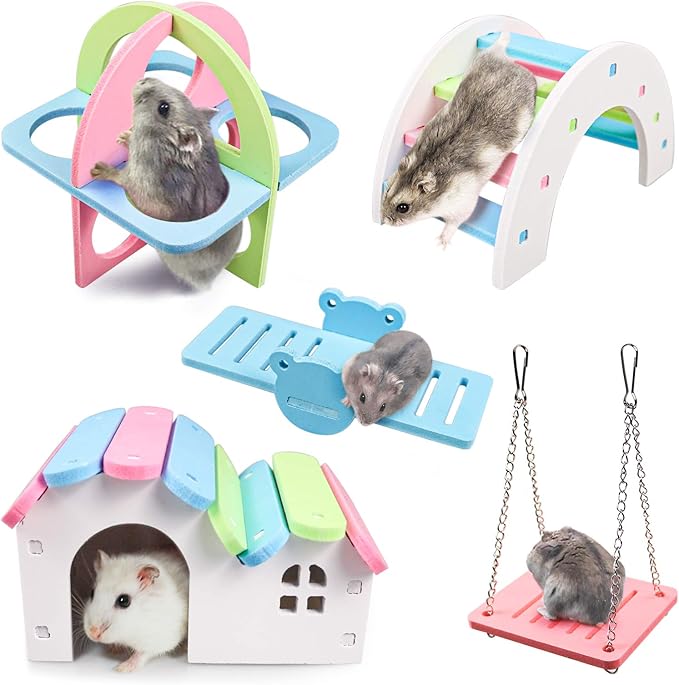 Roundler Dwarf Hamsters House DIY Wooden Gerbil Hideout Rainbow Bridge Swing and Pvc Seesaw, Suitable for Small Animal Habitat, style-1